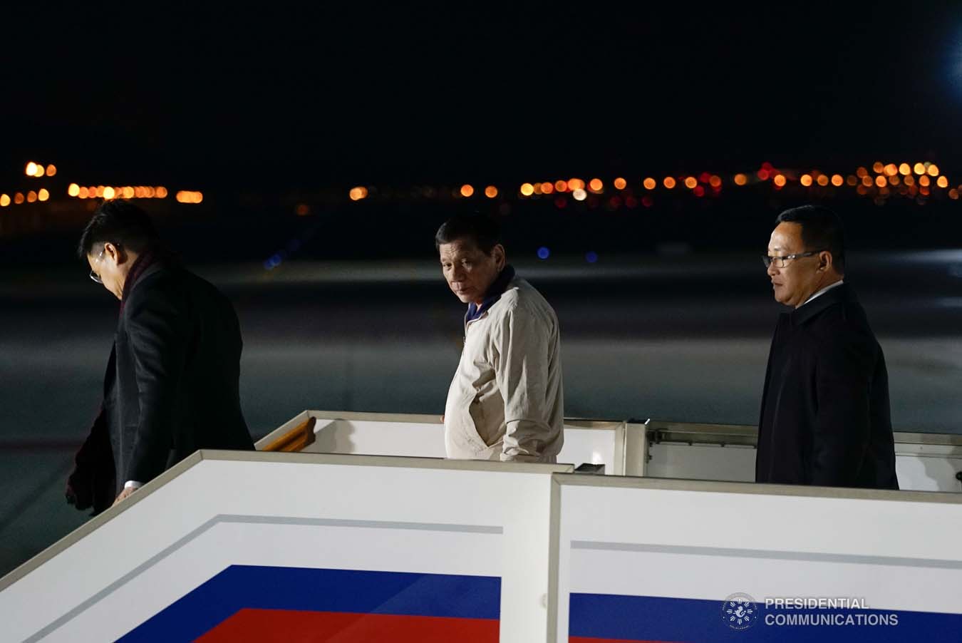 President Rodrigo Roa Duterte alights from a plane upon his arrival at the Vnukovo Military Base Airport in Moscow, Russia on October 3, 2019 following his successful engagements in Sochi. KING RODRIGUEZ/PRESIDENTIAL PHOTO