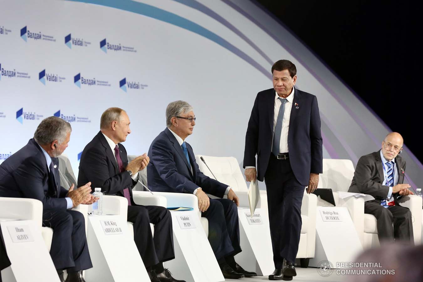 President Rodrigo Roa Duterte approaches the podium as he prepares to deliver his speech during the plenary session of the 16th Annual Meeting of the Valdai Discussion Club at the Polyana 1389 Hotel in Sochi, Russia on October 3, 2019. KING RODRIGUEZ/PRESIDENTIAL PHOTO