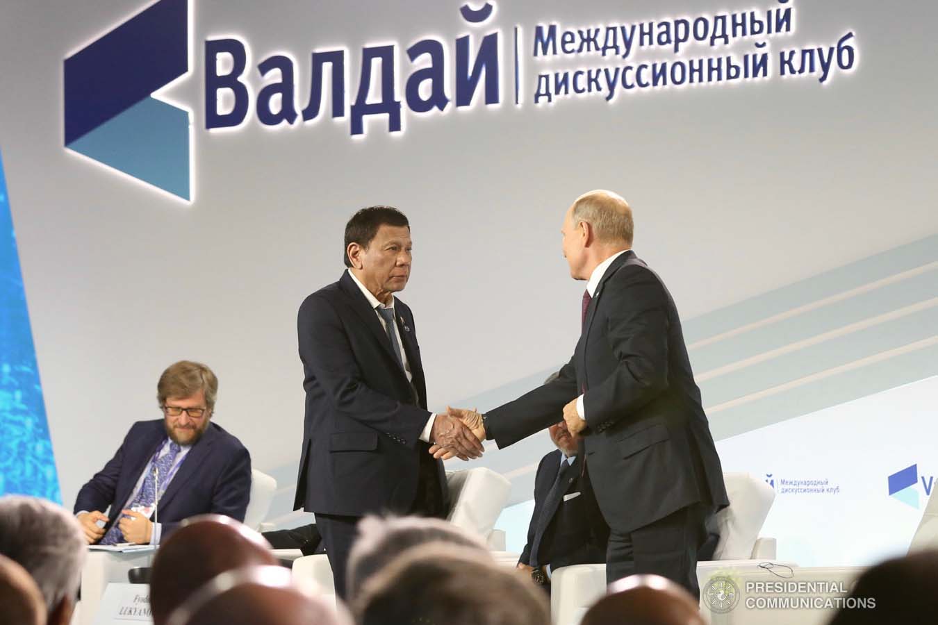 President Rodrigo Roa Duterte is greeted by Russian President Vladimir Putin after delivering his speech during the plenary session of the 16th Annual Meeting of the Valdai Discussion Club at the Polyana 1389 Hotel in Sochi, Russia on October 3, 2019. RICHARD MADELO/PRESIDENTIAL PHOTO