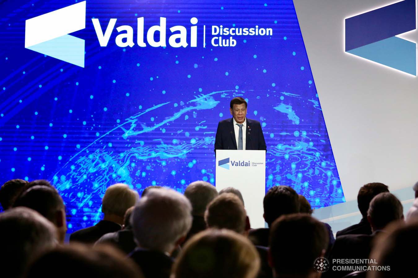 President Rodrigo Roa Duterte delivers his speech during the plenary session of the 16th Annual Meeting of the Valdai Discussion Club at the Polyana 1389 Hotel in Sochi, Russia on October 3, 2019. RICHARD MADELO/PRESIDENTIAL PHOTO