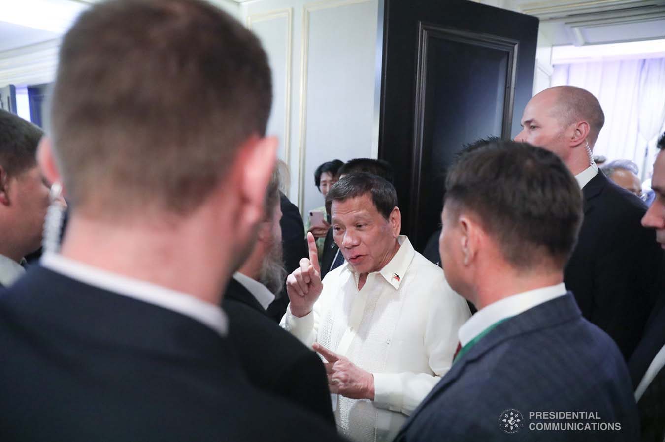 President Rodrigo Roa Duterte chats with some of the guests during the Philippine Cultural Gala Performance at the Four Seasons Hotel in Moscow, Russian Federation on October 4, 2019. ALFRED FRIAS/PRESIDENTIAL PHOTO