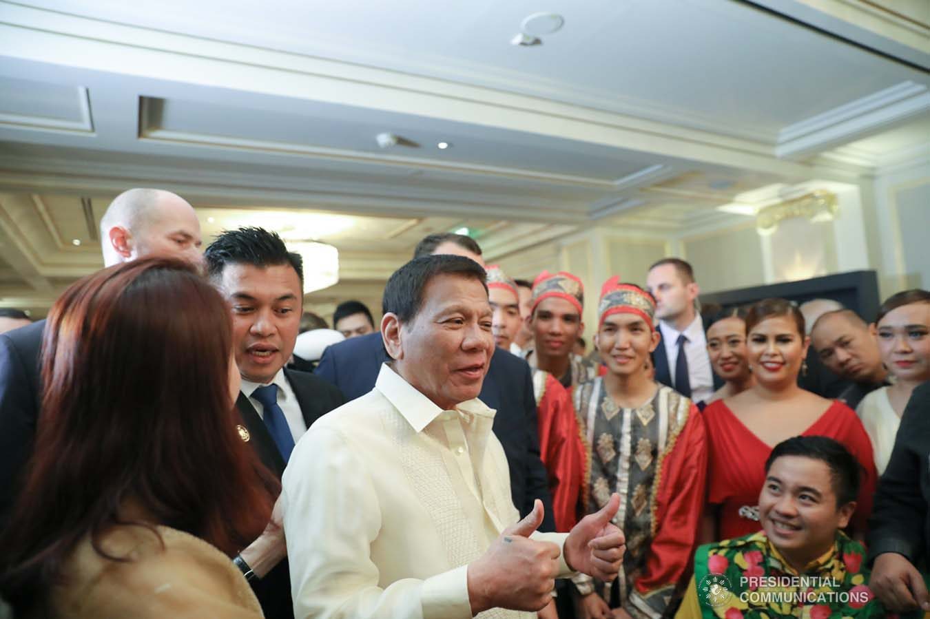 President Rodrigo Roa Duterte shares a light moment with some of the performers during the Philippine Cultural Gala Performance at the Four Seasons Hotel in Moscow, Russian Federation on October 4, 2019. ALFRED FRIAS/PRESIDENTIAL PHOTO