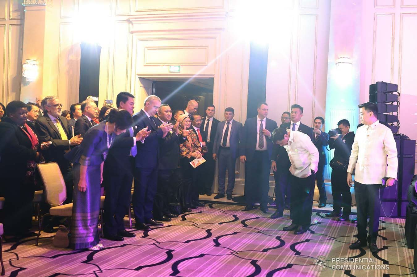 President Rodrigo Roa Duterte takes a bow before the guests during the Philippine Cultural Gala Performance at the Four Seasons Hotel in Moscow, Russian Federation on October 4, 2019. ALFRED FRIAS/PRESIDENTIAL PHOTO