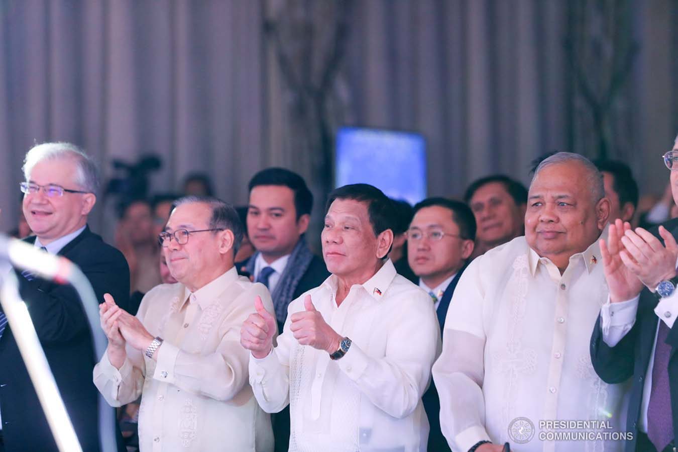 President Rodrigo Roa Duterte gives the thumbs up to the performers during the Philippine Cultural Gala Performance at the Four Seasons Hotel in Moscow, Russian Federation on October 4, 2019. ALFRED FRIAS/PRESIDENTIAL PHOTO