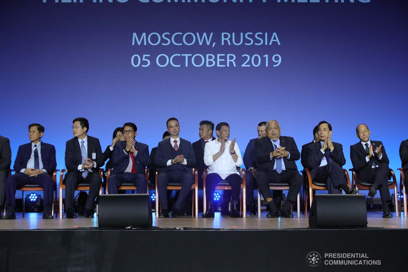 President Rodrigo Roa Duterte applauds while witnessing the program proper during his meeting with the Filipino community at the Exhibition of Achievements of National Economy (VDNH) in Moscow on October 5, 2019. ROBINSON NIÑAL JR./PRESIDENTIAL PHOTO