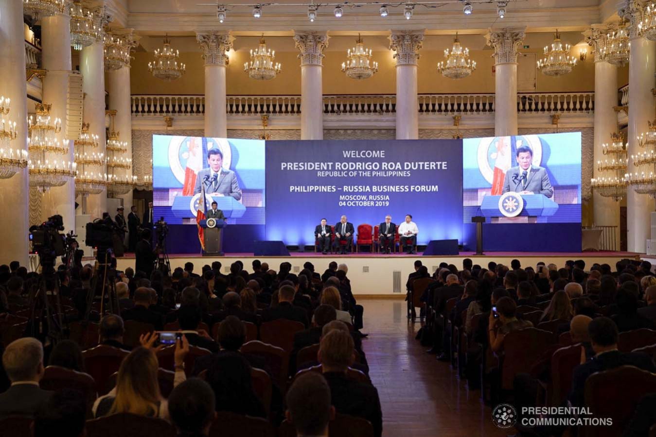 President Rodrigo Roa Duterte delivers his speech during the Philippines-Russia Business Forum at the House of the Unions in Moscow, Russian Federation on October 4, 2019. JOEY DALUMPINES/PRESIDENTIAL PHOTO