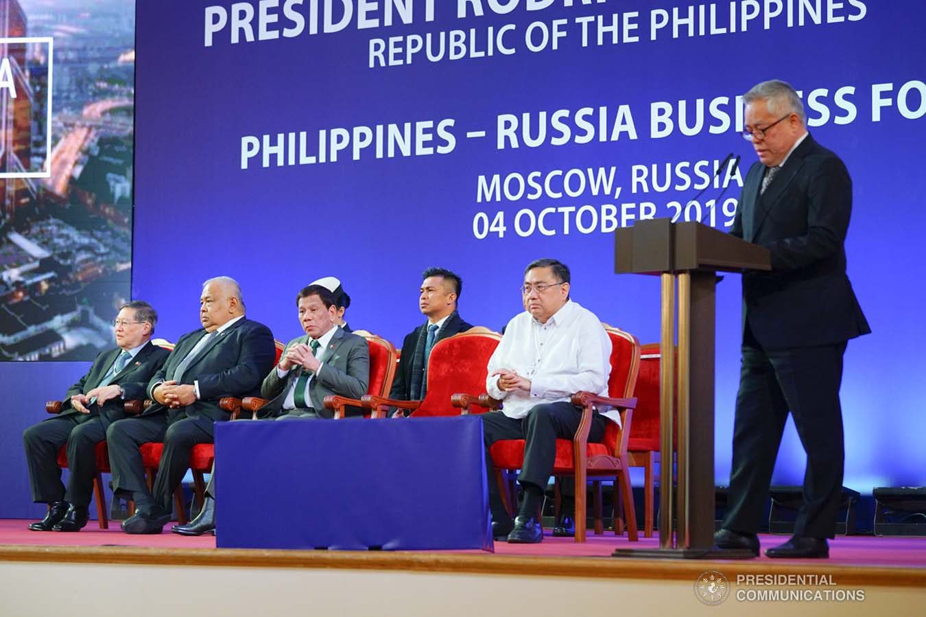 President Rodrigo Roa Duterte listens to the opening remarks of Trade and Industry Secretary Ramon Lopez during the Philippines-Russia Business Forum at the House of the Unions in Moscow, Russian Federation on October 4, 2019. JOEY DALUMPINES/PRESIDENTIAL PHOTO