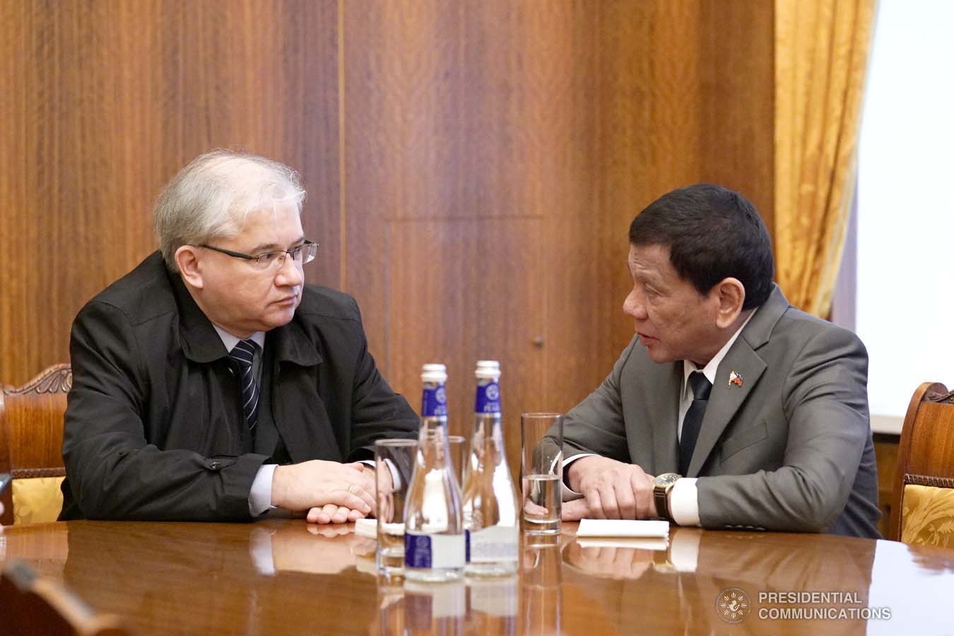 President Rodrigo Roa Duterte discusses matters with Russian Ambassador to the Philippines Igor Khovaev on the sidelines of the Philippines-Russia Business Forum at the House of the Unions in Moscow, Russian Federation on October 4, 2019. JOEY DALUMPINES/PRESIDENTIAL PHOTO