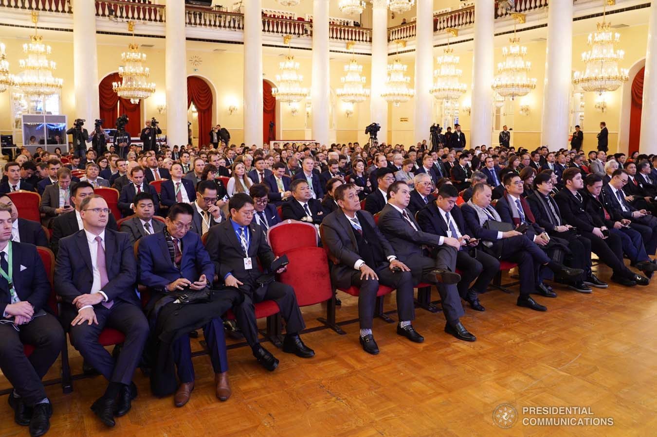Guests during the Philippines-Russia Business Forum listen as President Rodrigo Roa Duterte delivers his speech at the House of the Unions in Moscow, Russian Federation on October 4, 2019. JOEY DALUMPINES/PRESIDENTIAL PHOTO