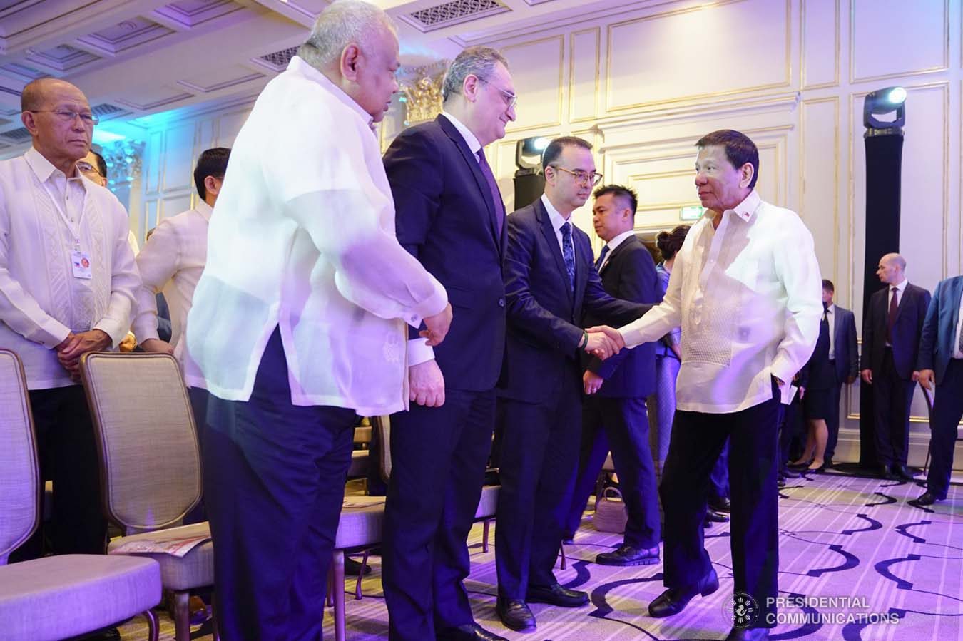 President Rodrigo Roa Duterte greets the guests during the Philippine Cultural Gala Performance at the Four Seasons Hotel in Moscow, Russian Federation on October 4, 2019. JOEY DALUMPINES/PRESIDENTIAL PHOTO