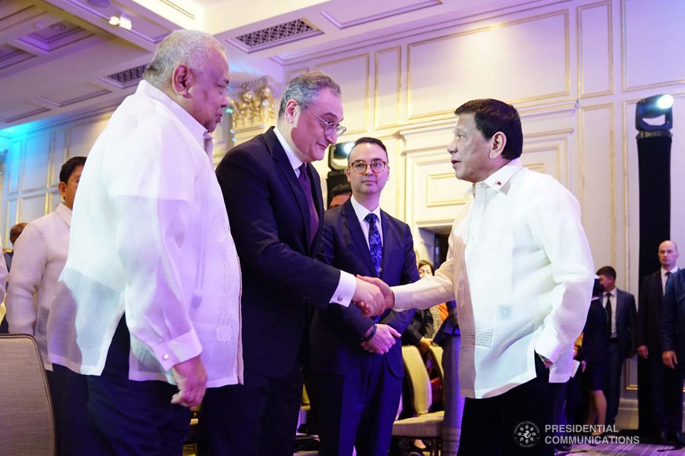 President Rodrigo Roa Duterte greets the guests during the Philippine Cultural Gala Performance at the Four Seasons Hotel in Moscow, Russian Federation on October 4, 2019. JOEY DALUMPINES/PRESIDENTIAL PHOTO