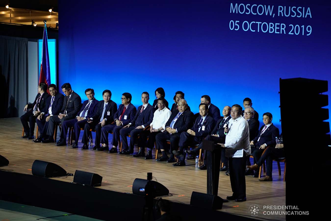 President Rodrigo Roa Duterte listens to the opening remarks of Philippine Ambassador to the Russian Federation Carlos Sorreta during the meeting with the Filipino community at the Exhibition of Achievements of National Economy (VDNH) in Moscow on October 5, 2019. KING RODRIGUEZ/PRESIDENTIAL PHOTO