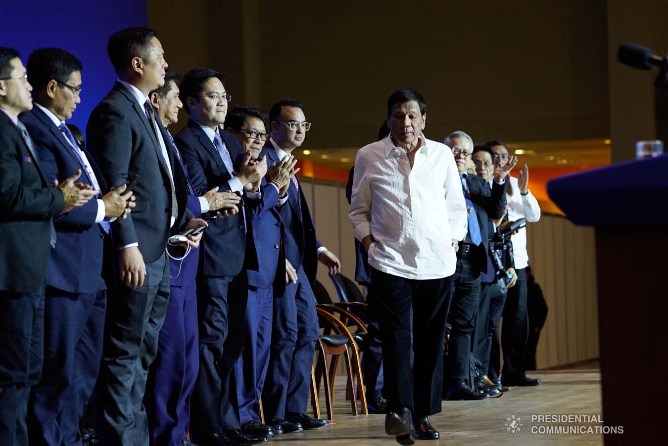 President Rodrigo Roa Duterte receives a warm round of applause from the members of his delegation as he prepares to deliver his speech during his meeting with the Filipino community at the Exhibition of Achievements of National Economy (VDNH) in Moscow on October 5, 2019. KING RODRIGUEZ/PRESIDENTIAL PHOTO