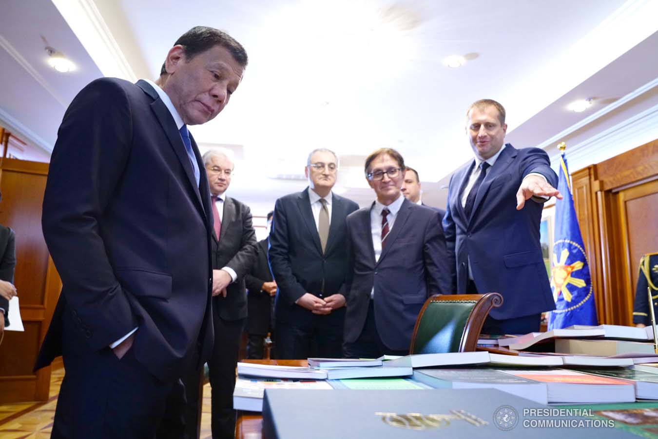 President Rodrigo Roa Duterte presents over 50 books about the Philippines to the officials of the Moscow State Institute of International Relations (MGIMO) University represented by Vice Rector Artem Malgin prior to the conferment of the honorary doctorate degree at the MGIMO University in Moscow, Russian Federation on October 05, 2019. JOEY DALUMPINES/PRESIDENTIAL PHOTO