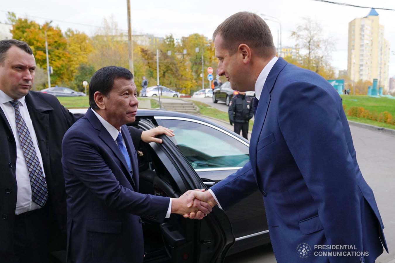 President Rodrigo Roa Duterte is welcomed by Moscow State Institute of International Relations (MGIMO) University Vice Rector Artem Malgin prior to the conferment of the honorary doctorate degree at the MGIMO University in Moscow, Russian Federation on October 05, 2019. JOEY DALUMPINES/PRESIDENTIAL PHOTO
