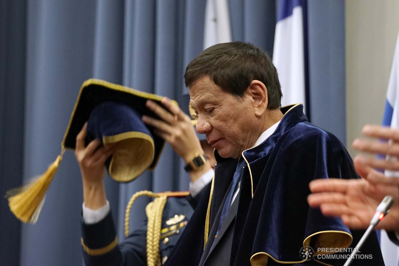 President Rodrigo Roa Duterte dons the robe and toga after receiving an honorary doctorate degree diploma from Moscow State Institute of International Relations (MGIMO) University Vice Rector Artem Malgin during a ceremony at the MGIMO University in Moscow, Russian Federation on October 05, 2019. KING RODRIGUEZ/PRESIDENTIAL PHOTO