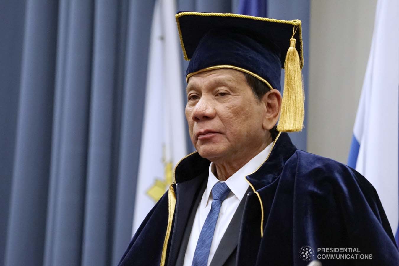 President Rodrigo Roa Duterte dons the robe and toga after receiving an honorary doctorate degree diploma from Moscow State Institute of International Relations (MGIMO) University Vice Rector Artem Malgin during a ceremony at the MGIMO University in Moscow, Russian Federation on October 05, 2019. JOEY DALUMPINES/PRESIDENTIAL PHOTO