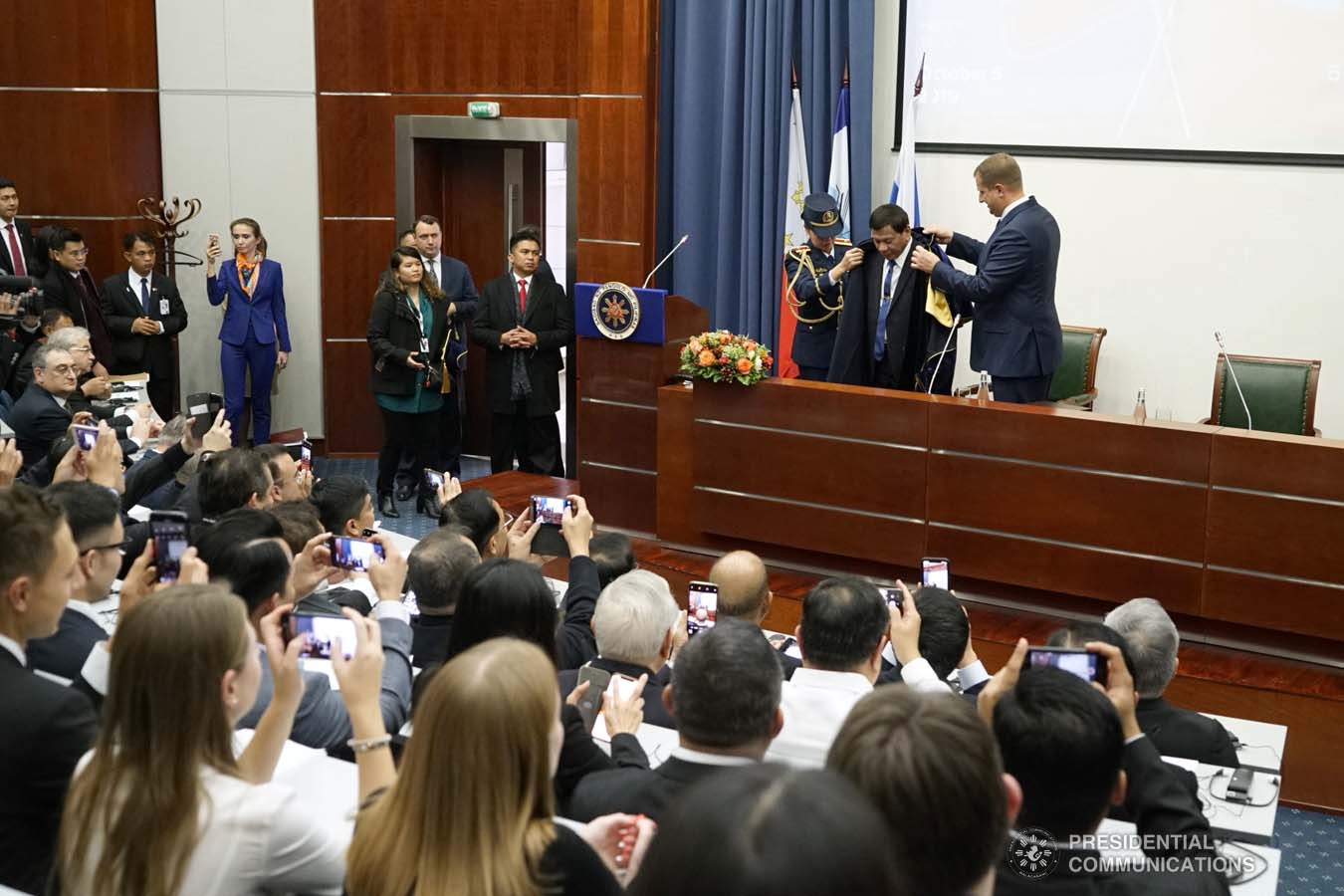 President Rodrigo Roa Duterte dons the robe and toga after receiving an honorary doctorate degree diploma from Moscow State Institute of International Relations (MGIMO) University Vice Rector Artem Malgin during a ceremony at the MGIMO University in Moscow, Russian Federation on October 05, 2019.