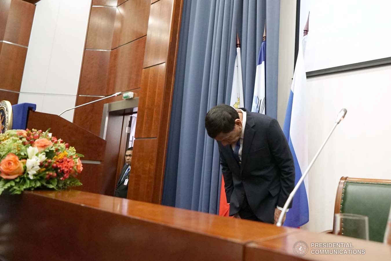 President Rodrigo Roa Duterte takes a bow before the guests during the conferment of the honorary doctorate degree at the Moscow State Institute of International Relations (MGIMO) University in Moscow, Russian Federation on October 05, 2019. KING RODRIGUEZ/PRESIDENTIAL PHOTO