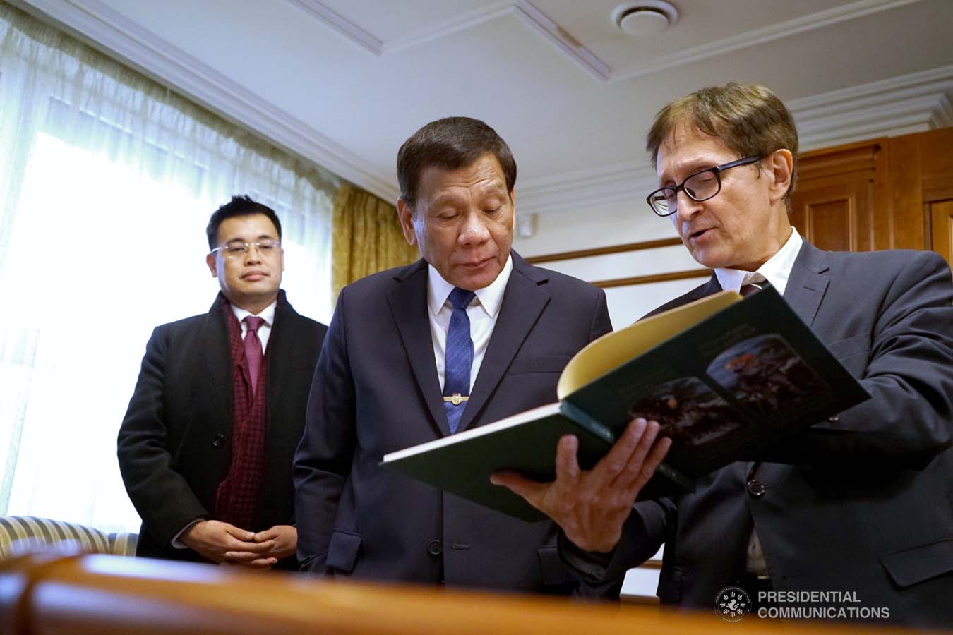 President Rodrigo Roa Duterte presents over 50 books about the Philippines to the officials of the Moscow State Institute of International Relations (MGIMO) University represented by Vice Rector Artem Malgin prior to the conferment of the honorary doctorate degree at the MGIMO University in Moscow, Russian Federation on October 05, 2019. KING RODRIGUEZ/PRESIDENTIAL PHOTO