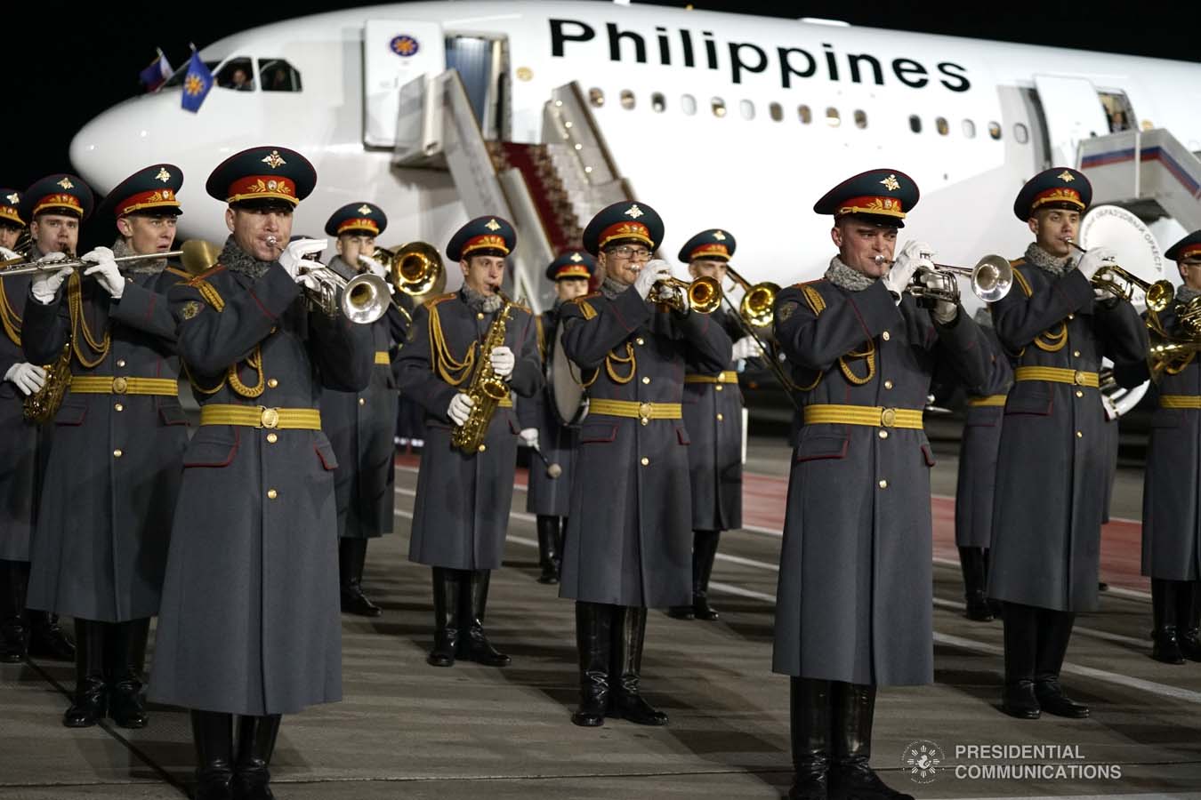 A Russian military band serenades President Rodrigo Roa Duterte as he prepares to depart at the Vnukovo Military Base Airport in Moscow, Russian Federation on October 5, 2019. KING RODRIGUEZ/PRESIDENTIAL PHOTO