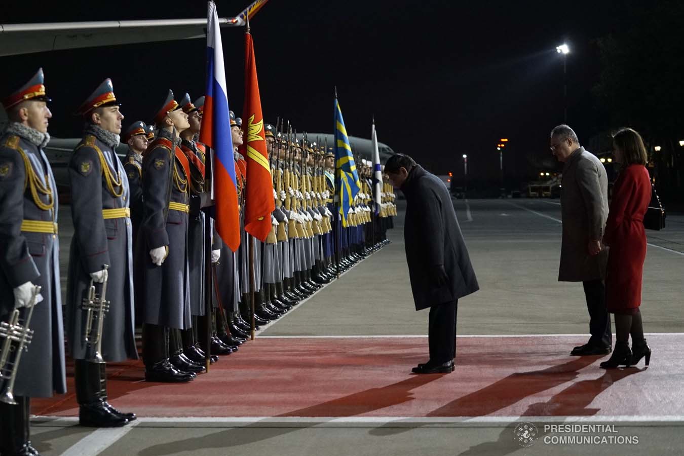 President Rodrigo Roa Duterte takes a bow before the honor guards as he prepares to depart at the Vnukovo Military Base Airport in Moscow, Russian Federation on October 5, 2019. KING RODRIGUEZ/PRESIDENTIAL PHOTO