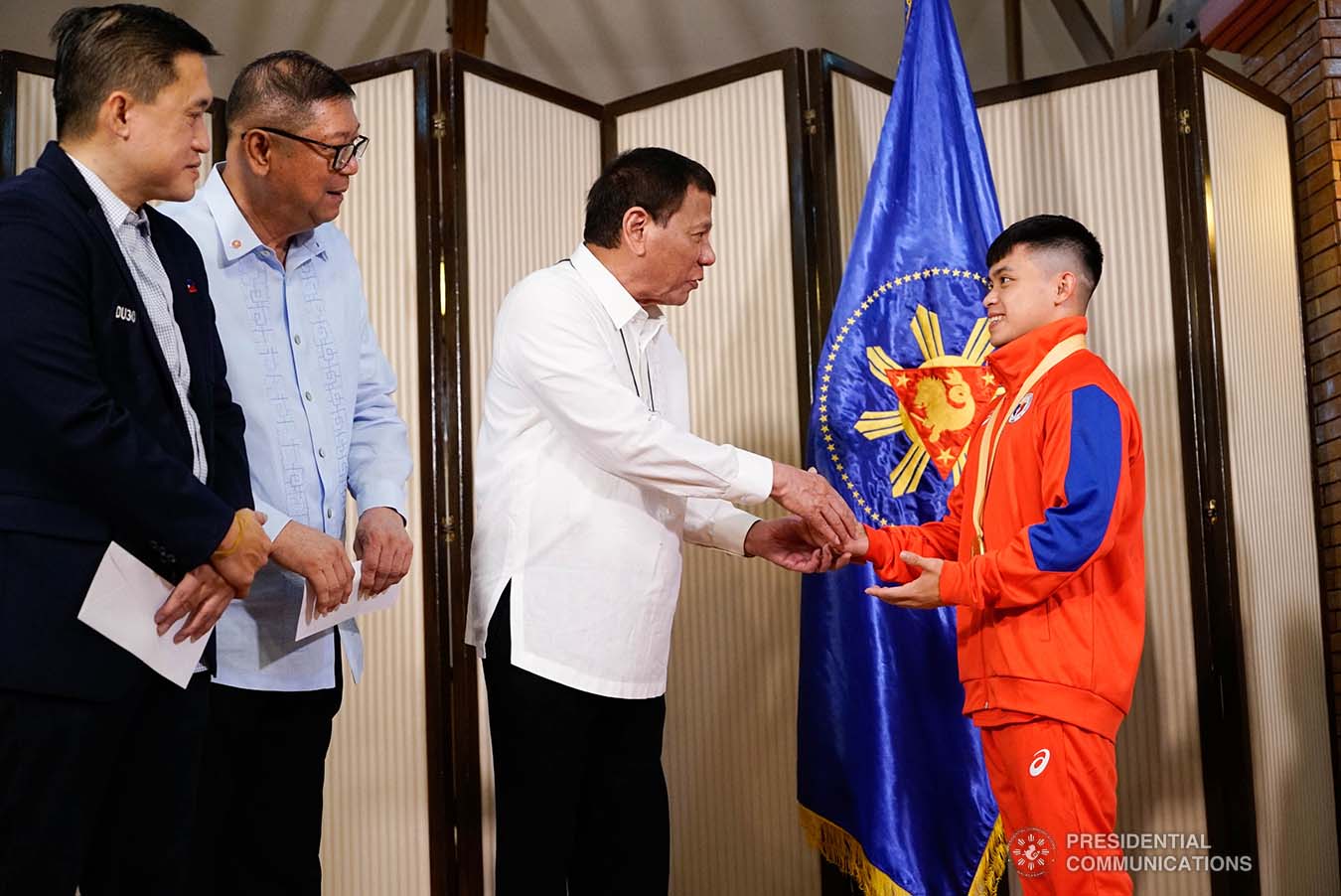 President Rodrigo Roa Duterte meets 49th FIG Artistic Gymnastics World Championships Gold Medalist Carlos Yulo at the Malago Clubhouse in Malacañang on October 16, 2019. KING RODRIGUEZ/PRESIDENTIAL PHOTO