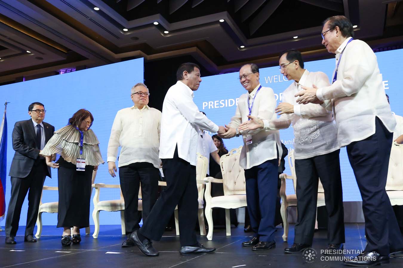 President Rodrigo Roa Duterte greets 45th Philippine Business Conference and Expo Chairman William Co during the awarding ceremony at The Manila Hotel on October 17, 2019. ROBINSON NIÑAL JR./PRESIDENTIAL PHOTO