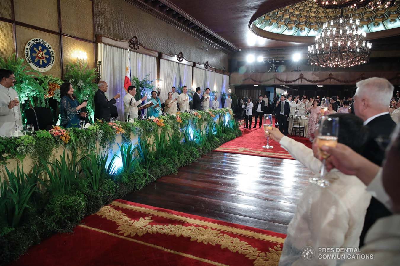 President Rodrigo Roa Duterte proposes a toast with President of the Republic of India Ram Nath Kovind during the state banquet hosted by the Philippine President at the Malacañan Palace on October 18, 2019. President Kovind is on a five-day state visit to the Philippines. ROBINSON NIÑAL JR./PRESIDENTIAL PHOTO