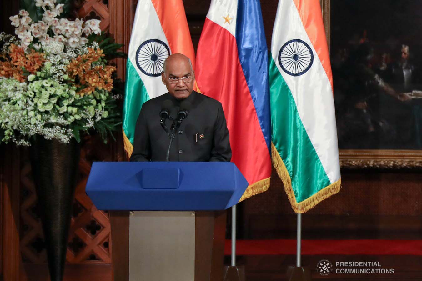 President of the Republic of India Ram Nath Kovind declares his joint press statement with President Rodrigo Roa Duterte following their successful expanded bilateral meeting at the Malacañan Palace on October 18, 2019. President Kovind is on a five-day state visit to the Philippines. SIMEON CELI JR./PRESIDENTIAL PHOTO