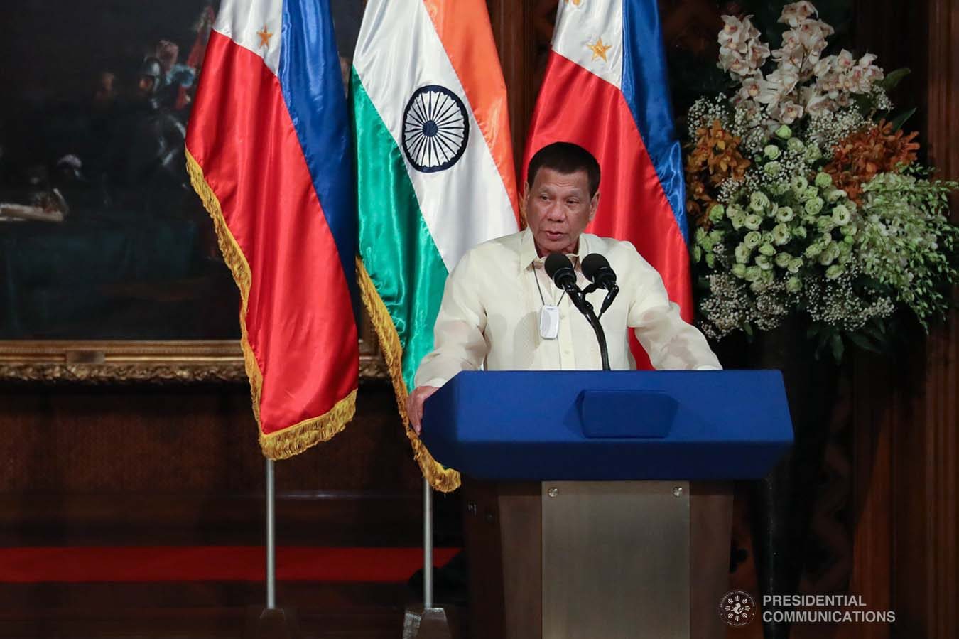 President Rodrigo Roa Duterte declares his joint press statement with President of the Republic of India Ram Nath Kovind following their successful expanded bilateral meeting at the Malacañan Palace on October 18, 2019. President Kovind is on a five-day state visit to the Philippines. SIMEON CELI JR./PRESIDENTIAL PHOTO