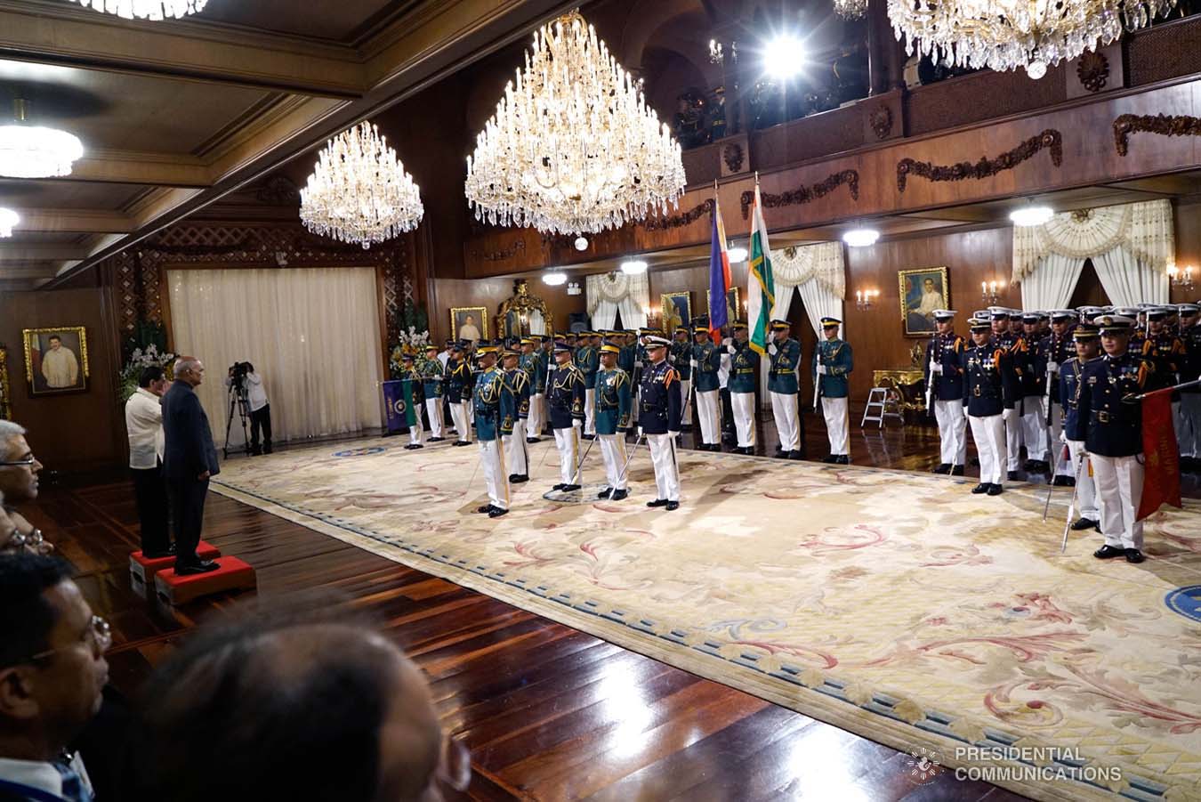 President Rodrigo Roa Duterte accompanies President of the Republic of India Ram Nath Kovind as the latter is accorded foyer honors upon his arrival at the Malacañan Palace on October 18, 2019. President Kovind is on a five-day state visit to the Philippines. KING RODRIGUEZ/PRESIDENTIAL PHOTO