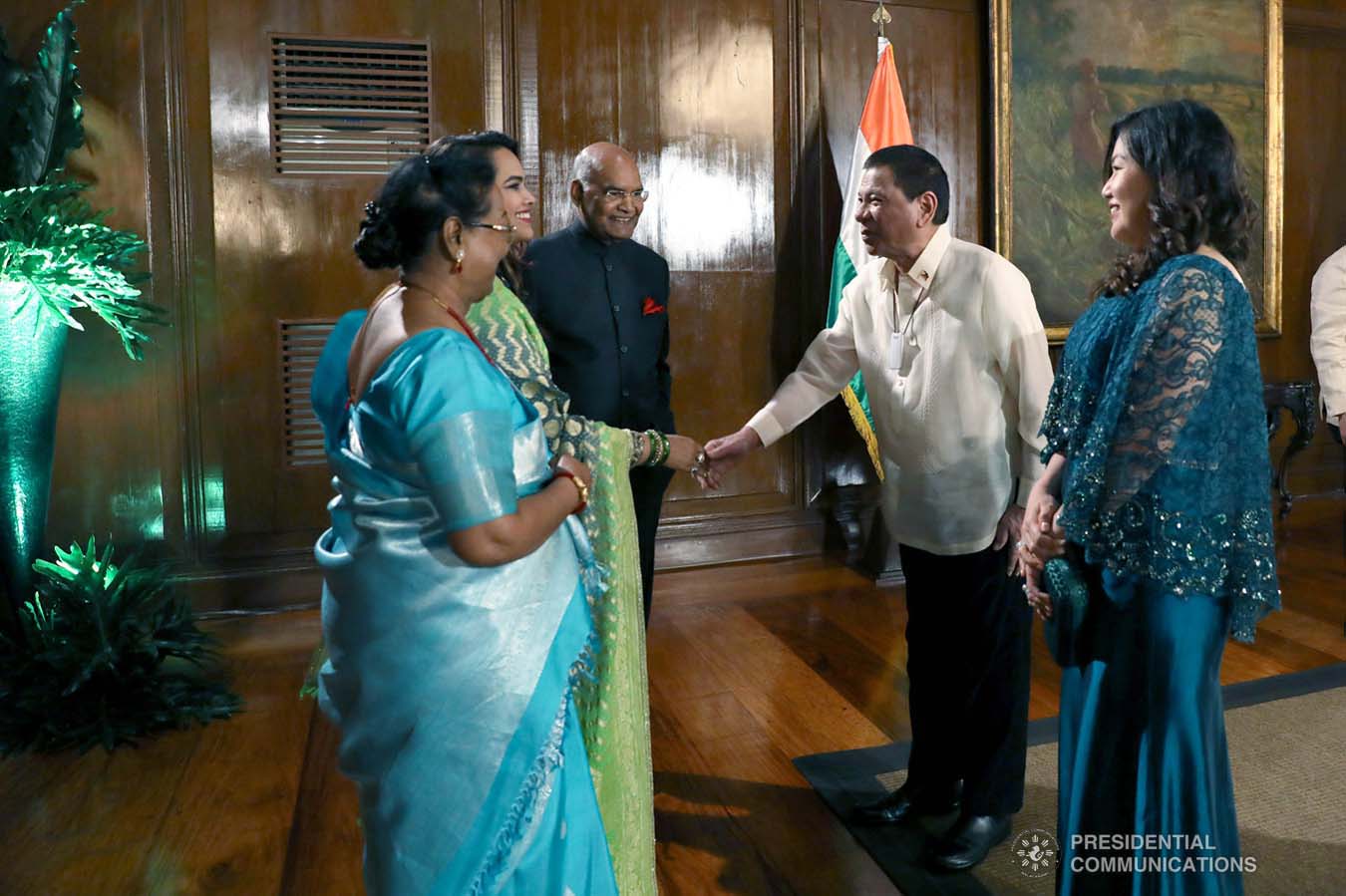 President Rodrigo Roa Duterte and his partner Cielito Avanceña greet President of the Republic of India Ram Nath Kovind's wife Savita prior to the state banquet hosted by President Duterte at the Malacañan Palace on October 18, 2019. President Kovind is on a five-day state visit to the Philippines. KARL NORMAN ALONZO/PRESIDENTIAL PHOTO