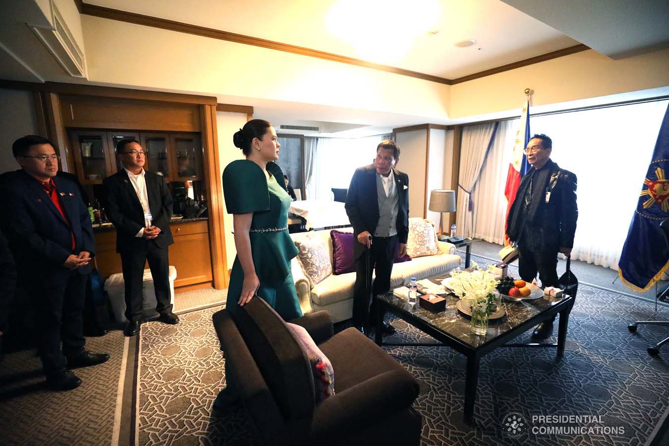 President Rodrigo Roa Duterte chats with his daughter, Davao City Mayor Sara Duterte-Carpio, upon their arrival at the Imperial Palace in Tokyo, Japan to witness the Ceremonies of the Accession to the Throne of His Majesty Emperor Naruhito on October 22, 2019. Also in the photo is Presidential Chief Legal Counsel and Spokesperson Salvador Panelo. SIMEON CELI JR./PRESIDENTIAL PHOTO