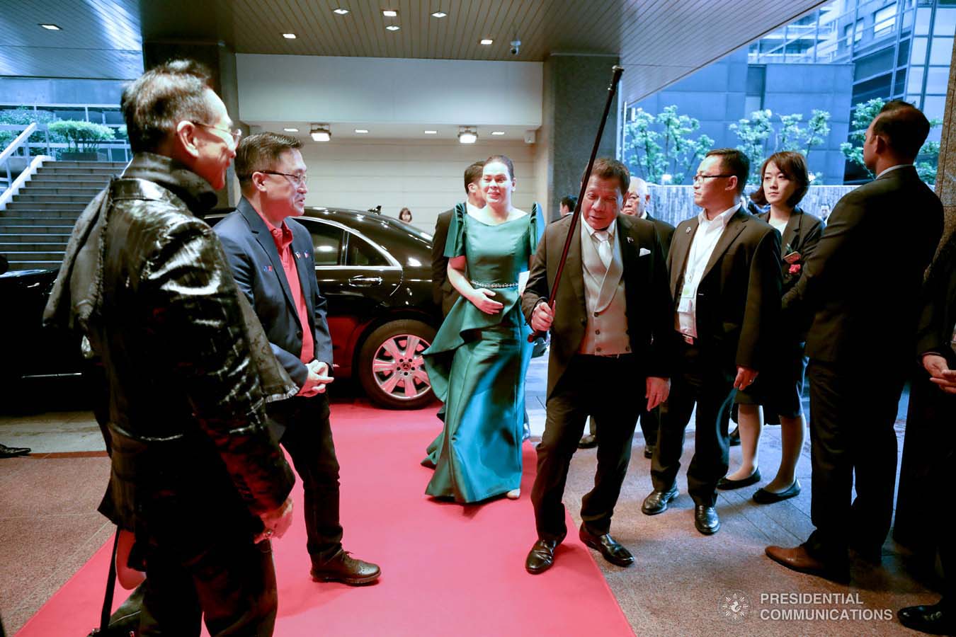 President Rodrigo Roa Duterte and his daughter, Davao City Mayor Sara Duterte-Carpio, arrive at the Imperial Palace in Tokyo, Japan to witness the Ceremonies of the Accession to the Throne of His Majesty Emperor Naruhito on October 22, 2019. Also in the photo are Senator Christopher "Bong" Go and Presidential Chief Legal Counsel and Spokesperson Salvador Panelo. SIMEON CELI JR./PRESIDENTIAL PHOTO