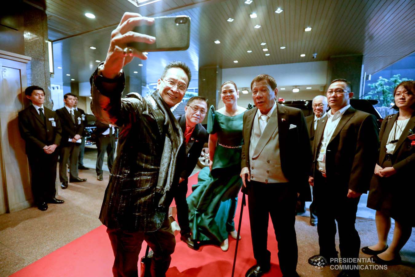President Rodrigo Roa Duterte poses for a groufie with Presidential Chief Legal Counsel and Spokesperson Salvador Panelo, Senator Christopher "Bong" Go, and Davao City Mayor Sara Duterte-Carpio prior to the start of the Ceremonies of the Accession to the Throne of His Majesty Emperor Naruhito at the Imperial Palace in Tokyo, Japan on October 22, 2019. SIMEON CELI JR./PRESIDENTIAL PHOTO