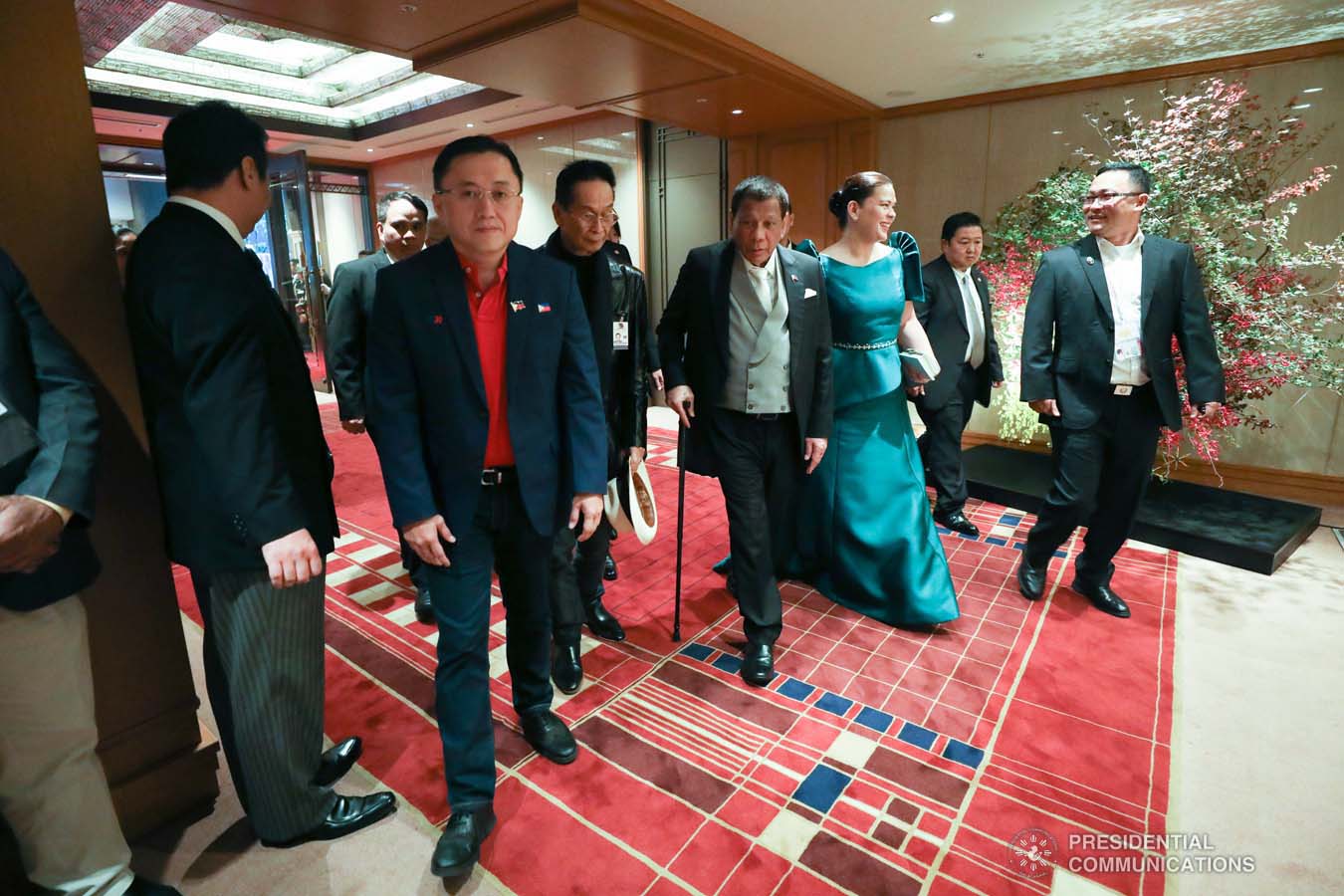 President Rodrigo Roa Duterte and his daughter, Davao City Mayor Sara Duterte-Carpio, arrive at the Imperial Palace in Tokyo, Japan to witness the Ceremonies of the Accession to the Throne of His Majesty Emperor Naruhito on October 22, 2019. Also in the photo are Senator Christopher "Bong" Go and Presidential Chief Legal Counsel and Spokesperson Salvador Panelo. SIMEON CELI JR./PRESIDENTIAL PHOTO