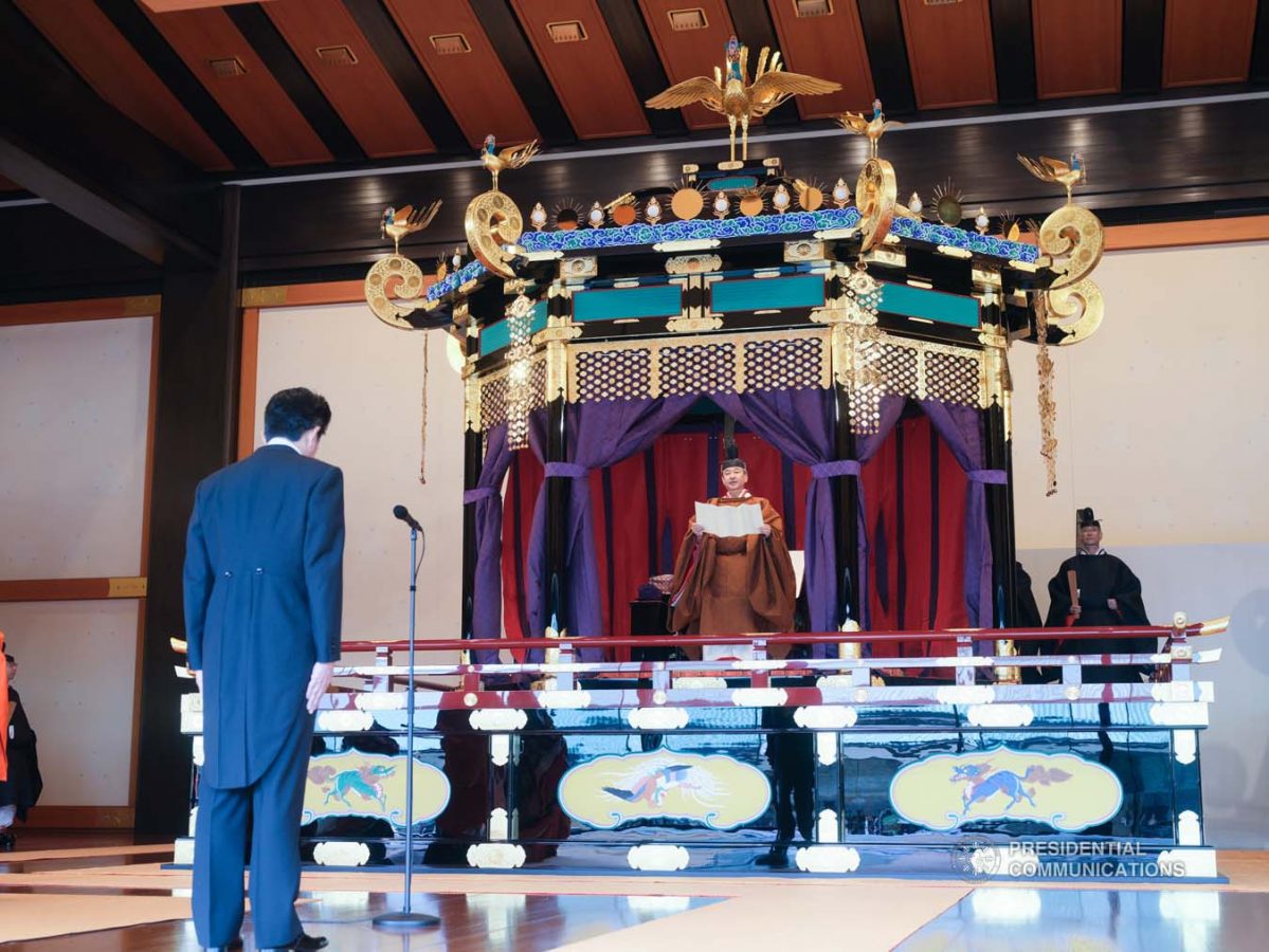 Photo from the Japanese Government shows His Majesty Emperor Naruhito as he gives his message during the Ceremony of the Enthronement of His Majesty at the Imperial Palace in Tokyo, Japan on October 22, 2019. President Rodrigo Roa Duterte is among the leaders invited to witness the ceremony. PRESIDENTIAL PHOTO
