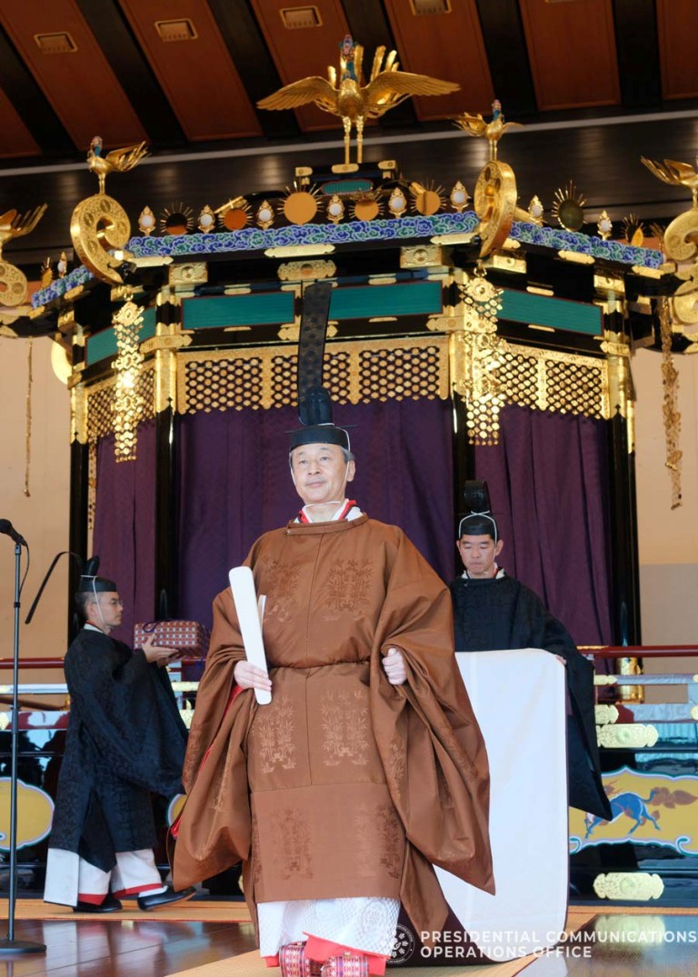 Photo from the Japanese Government shows His Majesty Emperor Naruhito standing before the guests during the Ceremony of the Enthronement of His Majesty at the Imperial Palace in Tokyo, Japan on October 22, 2019. President Rodrigo Roa Duterte is among the leaders invited to witness the ceremony. PRESIDENTIAL PHOTO