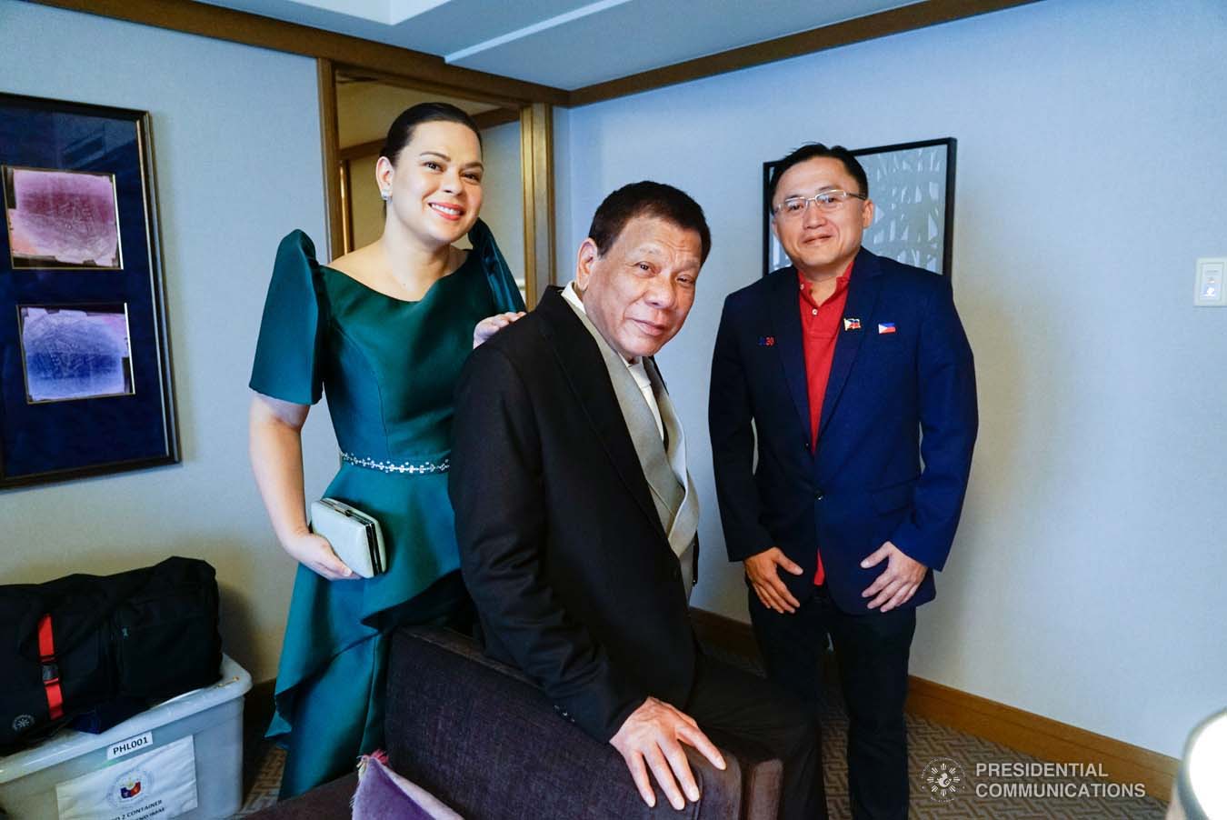 President Rodrigo Roa Duterte poses for posterity with his daughter, Davao City Mayor Sara Duterte-Carpio, and Senator Christopher "Bong" Go as they prepare for the Ceremonies of the Accession to the Throne of His Majesty Emperor Naruhito while at a hotel in Tokyo, Japan on October 22, 2019. KING RODRIGUEZ/PRESIDENTIAL PHOTO