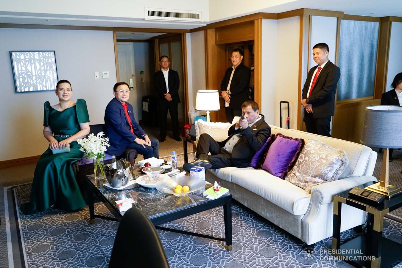 President Rodrigo Roa Duterte is accompanied by his daughter, Davao City Mayor Sara Duterte-Carpio, and Senator Christopher "Bong" Go as they prepare for the Ceremonies of the Accession to the Throne of His Majesty Emperor Naruhito while at a hotel in Tokyo, Japan on October 22, 2019. KING RODRIGUEZ/PRESIDENTIAL PHOTO