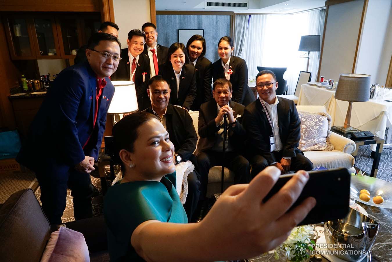 President Rodrigo Roa Duterte poses for a groufie with his daughter, Davao City Mayor Sara Duterte-Carpio, and Senator Christopher "Bong" Go as they prepare for the Ceremonies of the Accession to the Throne of His Majesty Emperor Naruhito while at a hotel in Tokyo, Japan on October 22, 2019. KING RODRIGUEZ/PRESIDENTIAL PHOTO