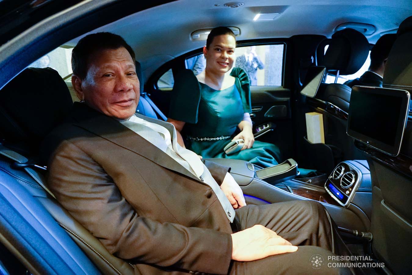 President Rodrigo Roa Duterte poses for posterity with his daughter, Davao City Mayor Sara Duterte-Carpio, as they prepare to head to the Imperial Palace in Tokyo, Japan for the Ceremonies of the Accession to the Throne of His Majesty Emperor Naruhito on October 22, 2019. KING RODRIGUEZ/PRESIDENTIAL PHOTO