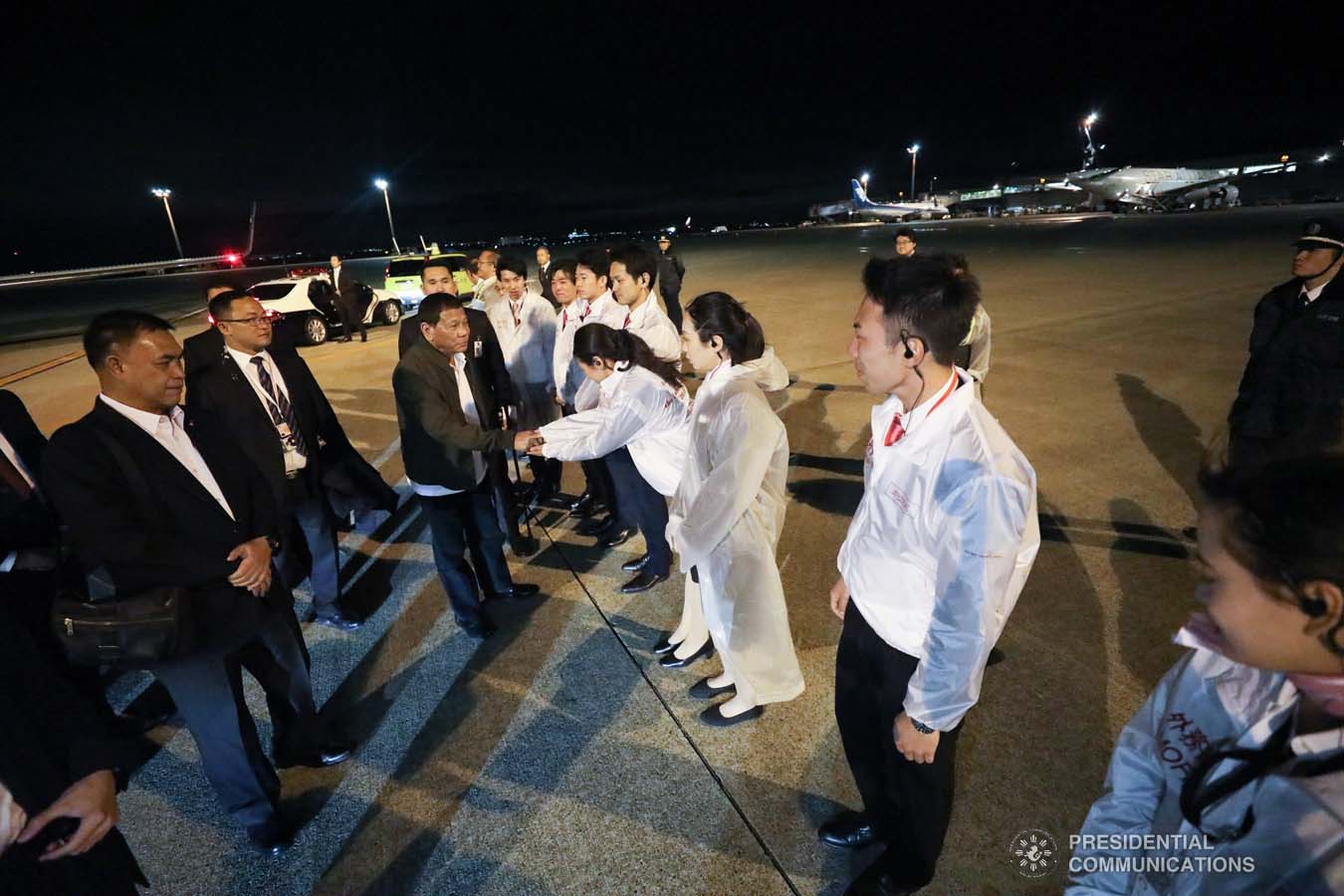 President Rodrigo Roa Duterte bids farewell to one of the members of the send-off party before his departure at the Haneda International Airport in Tokyo, Japan on October 22, 2019. The President attended the Ceremonies of the Accession to the Throne of His Majesty Emperor Naruhito. SIMEON CELI JR./PRESIDENTIAL PHOTO