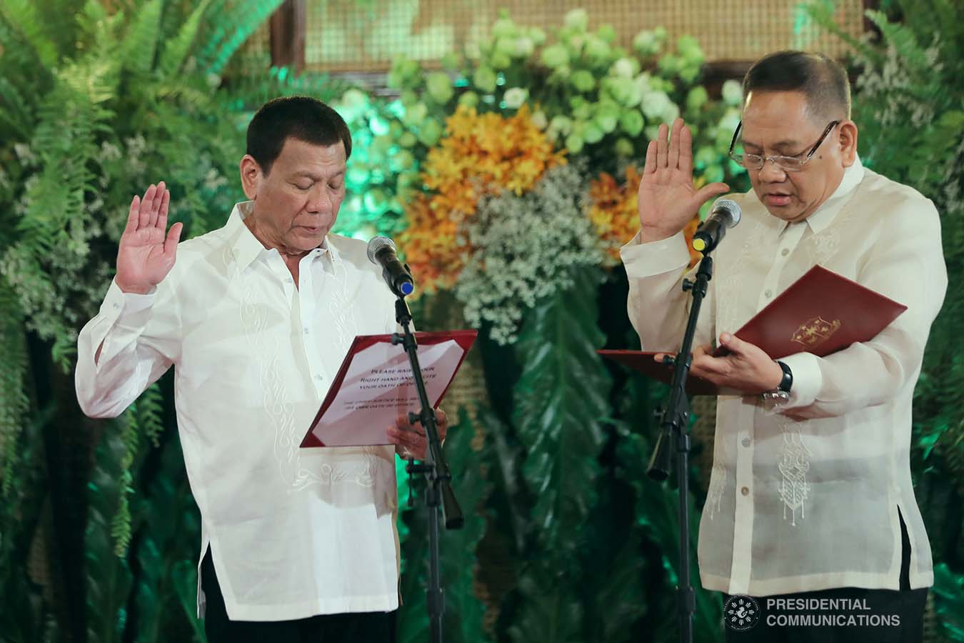 President Rodrigo Roa Duterte administers the oath to newly appointed Supreme Court Chief Justice Diosdado Peralta during a ceremony at the Malacañan Palace on October 24, 2019. ALFRED FRIAS/PRESIDENTIAL PHOTO
