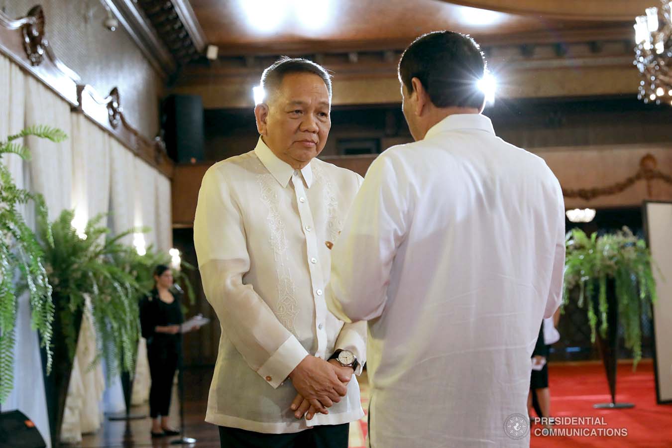 President Rodrigo Roa Duterte discusses matters with newly appointed Supreme Court Chief Justice Diosdado Peralta following the oath-taking ceremony at the Malacañan Palace on October 24, 2019. KARL NORMAN ALONZO/PRESIDENTIAL PHOTO