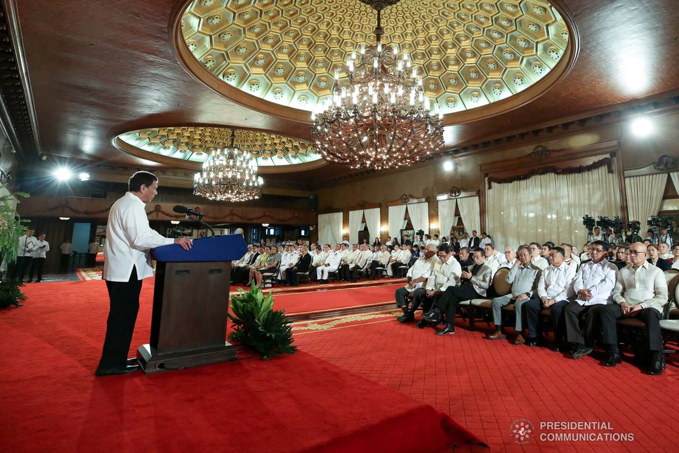 President Rodrigo Roa Duterte delivers his speech during the oath-taking ceremony of the newly appointed government officials at the Malacañan Palace on October 28, 2019. ROBINSON NIÑAL JR./PRESIDENTIAL PHOTO