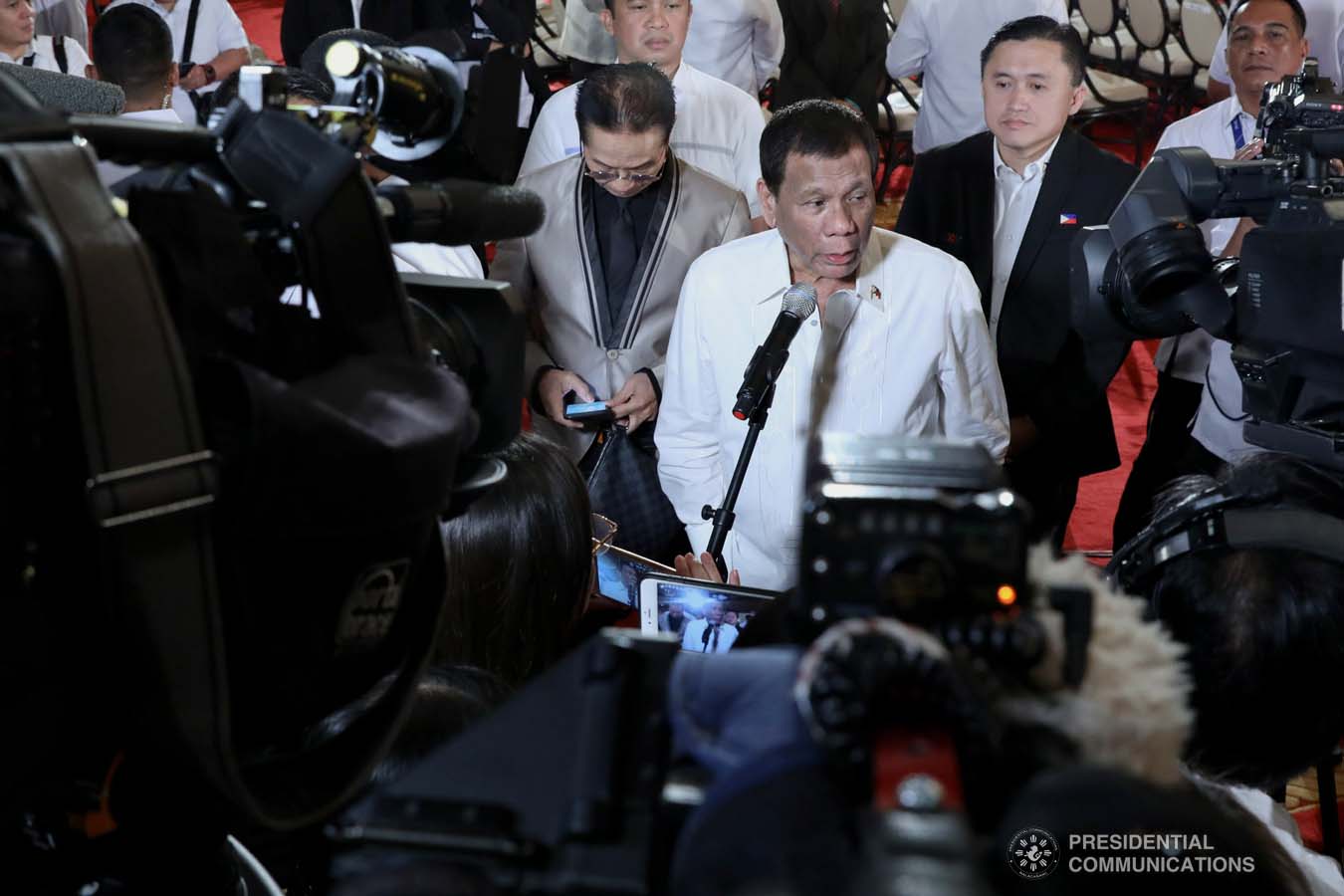 President Rodrigo Roa Duterte answers queries from members of the media during the oath-taking ceremony of the newly appointed government officials at the Malacañan Palace on October 28, 2019. ROBINSON NIÑAL JR./PRESIDENTIAL PHOTO