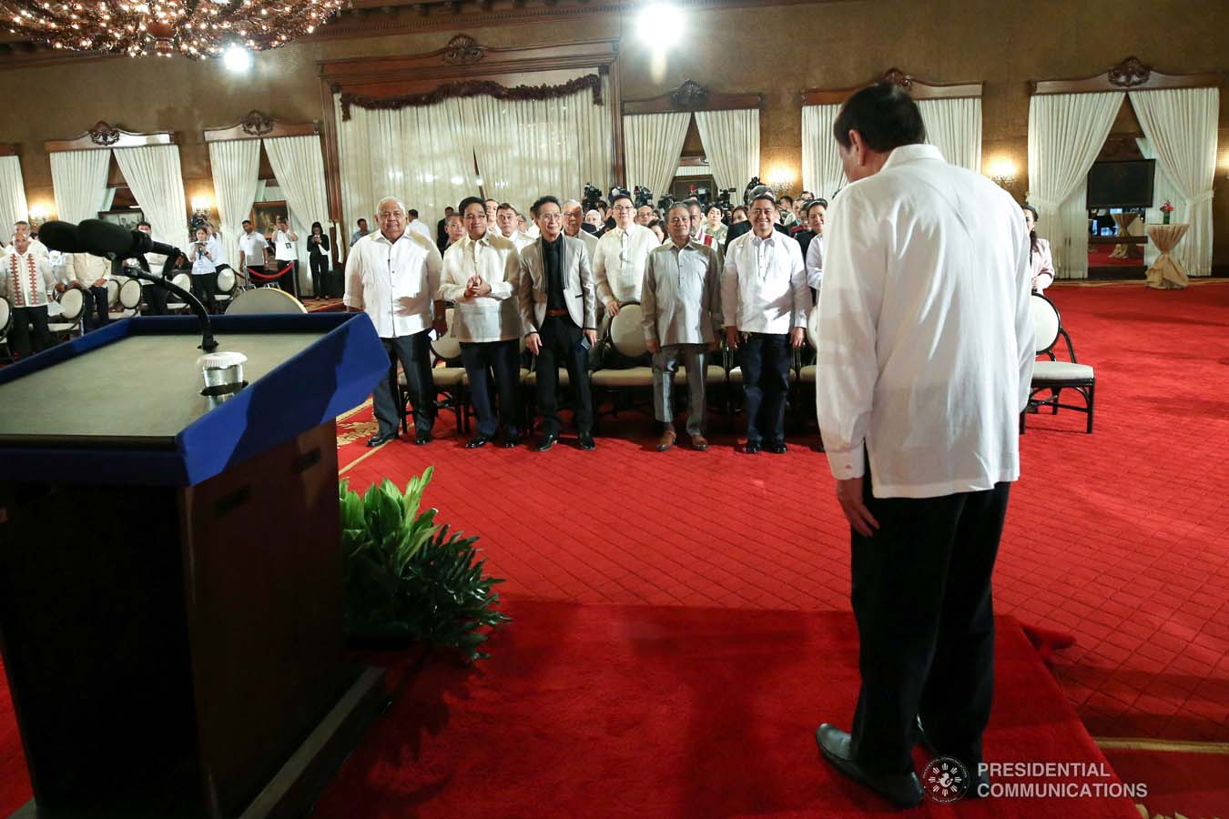 President Rodrigo Roa Duterte takes a bow before the newly appointed government officials during their oath-taking ceremony at the Malacañan Palace on October 28, 2019. ROBINSON NIÑAL JR./PRESIDENTIAL PHOTO