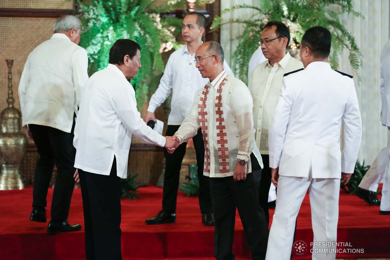 President Rodrigo Roa Duterte greets one of the guests during the oath-taking ceremony of newly appointed government officials at the Malacañan Palace on October 28, 2019. SIMEON CELI JR./PRESIDENTIAL PHOTO